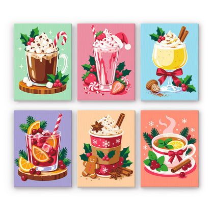 Eggnog, Cocoa and Berry Shakes mini paint by numbers – Cocoa, strawberry shake, eggnog, citrus punch, spiced latte and lemon tea trimmed with holly