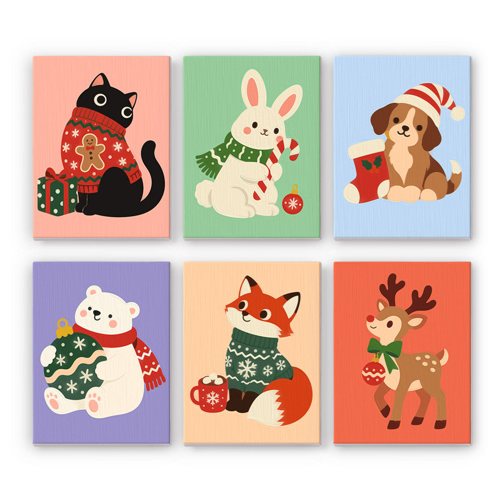 Sweater Cat and Ornament Bear mini paint by numbers – Black cat in a sweater, bunny, puppy with stocking, polar bear with ornament, fox with mug and fawn