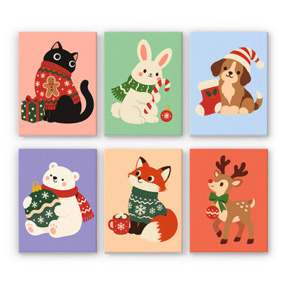 Sweater Cat and Ornament Bear mini paint by numbers – Black cat in a sweater, bunny, puppy with stocking, polar bear with ornament, fox with mug and fawn