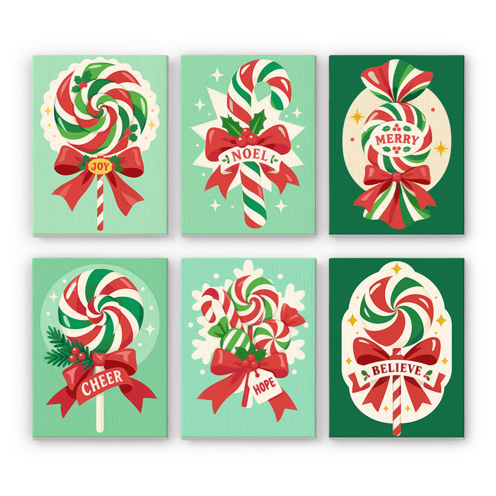 Peppermint Swirl Lollipops mini paint by numbers – Red and green swirl lollipops and candy canes with bows and Joy, Noel, Merry, Cheer, Hope, Believe banners