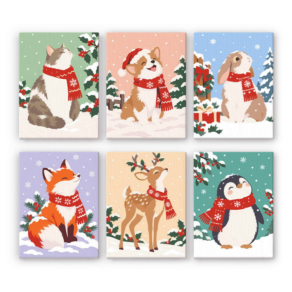 Red-Scarf Animals in the Snow mini paint by numbers – Cat, corgi, rabbit, fox, deer and penguin in red knit scarves among snowy pines, painted realistically