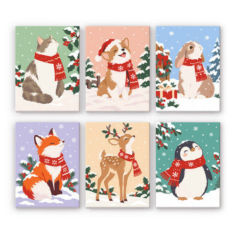 Red-Scarf Animals in the Snow mini paint by numbers – Cat, corgi, rabbit, fox, deer and penguin in red knit scarves among snowy pines, painted realistically