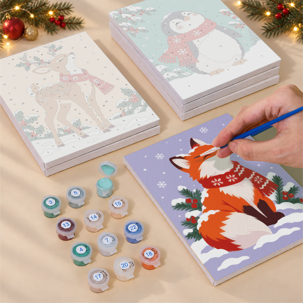 Red-Scarf Animals in the Snow (Mini Paint by Numbers)