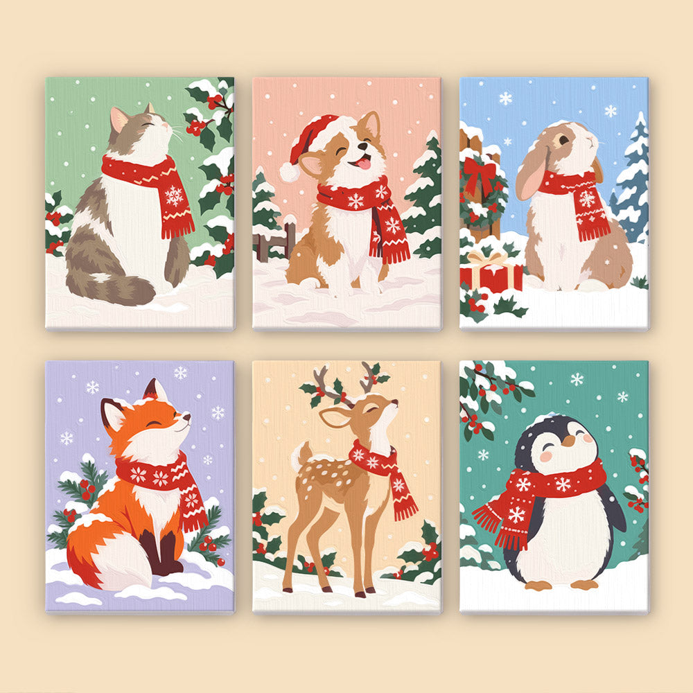 Red-Scarf Animals in the Snow (Mini Paint by Numbers)