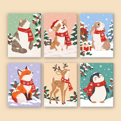Red-Scarf Animals in the Snow (Mini Paint by Numbers)