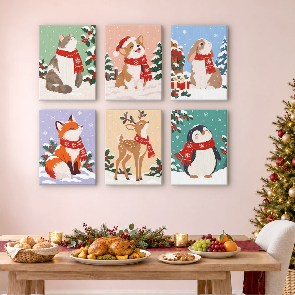 Red-Scarf Animals in the Snow (Mini Paint by Numbers)
