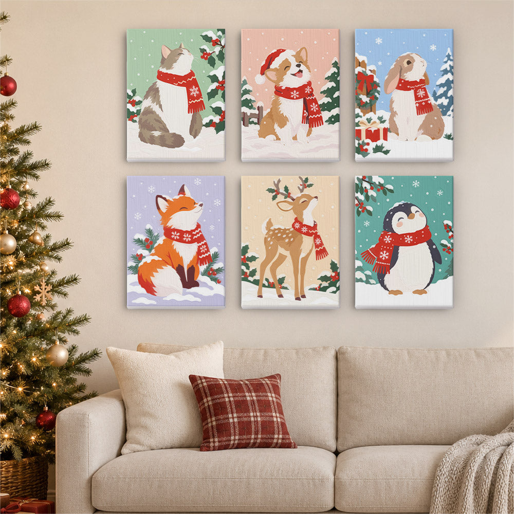 Red-Scarf Animals in the Snow (Mini Paint by Numbers)