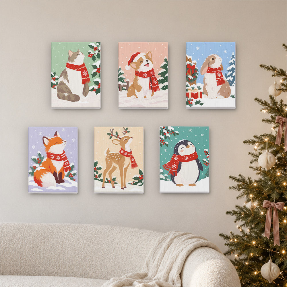 Red-Scarf Animals in the Snow (Mini Paint by Numbers)