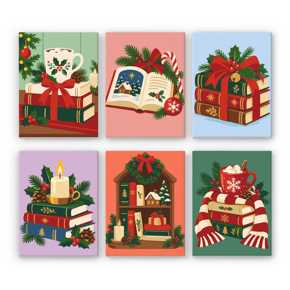 Bookworm's Cozy Christmas mini paint by numbers – Holiday book stacks with mug, open storybook, bows, candle, wreathed bookshelf and scarf with cocoa