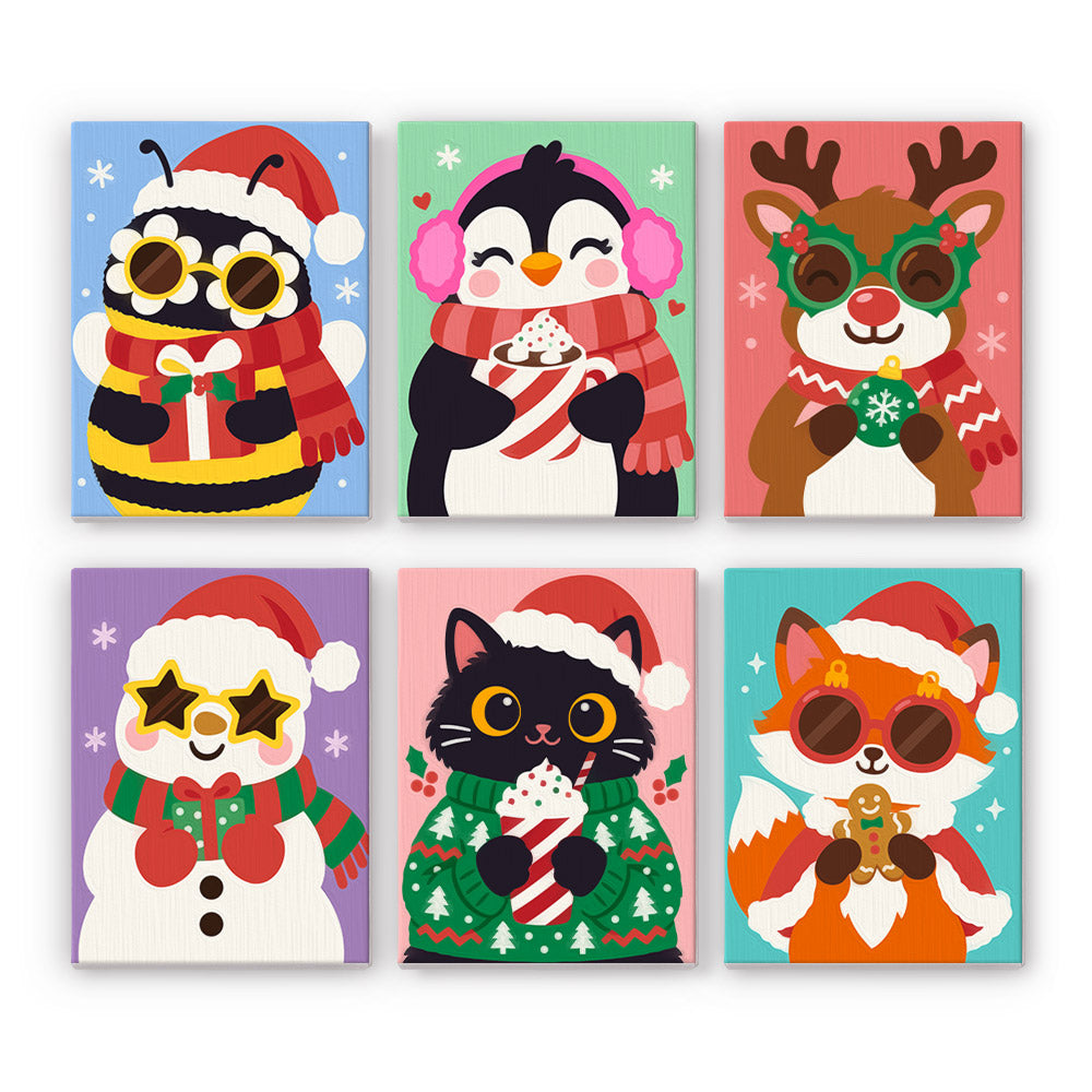 Party Glasses Bee and Black Cat mini paint by numbers – Bumblebee, penguin, reindeer, snowman, black cat and fox in novelty glasses and Santa hats