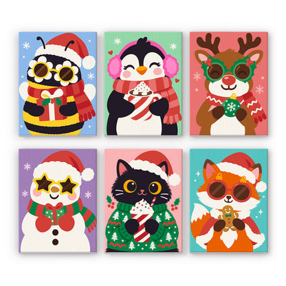 Party Glasses Bee and Black Cat mini paint by numbers – Bumblebee, penguin, reindeer, snowman, black cat and fox in novelty glasses and Santa hats