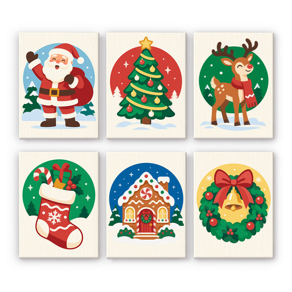 Round Vignette Christmas Classics mini paint by numbers – Waving Santa, Christmas tree, reindeer, stocking, gingerbread house and bell wreath in round frames on cream