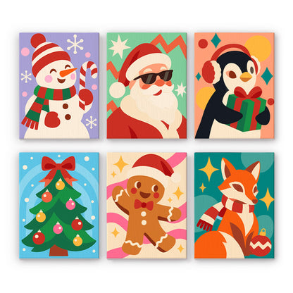 Shades-Wearing Santa and Friends mini paint by numbers – Snowman, Santa in sunglasses, penguin with gift, Christmas tree, gingerbread man and fox on bold patterns