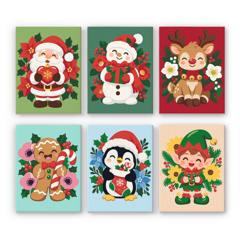 Poinsettia-Ringed Santa and Elf mini paint by numbers – Santa, snowman, reindeer, gingerbread man, penguin and elf boy surrounded by poinsettias and winter flowers