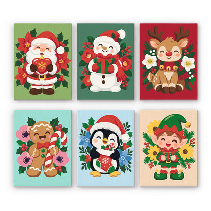Poinsettia-Ringed Santa and Elf mini paint by numbers – Santa, snowman, reindeer, gingerbread man, penguin and elf boy surrounded by poinsettias and winter flowers