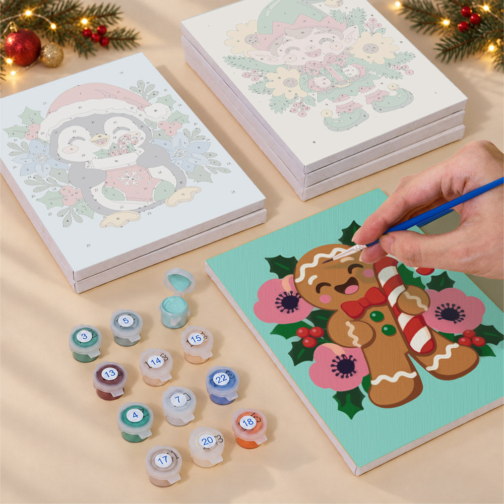 Poinsettia-Ringed Santa and Elf (Mini Paint by Numbers)