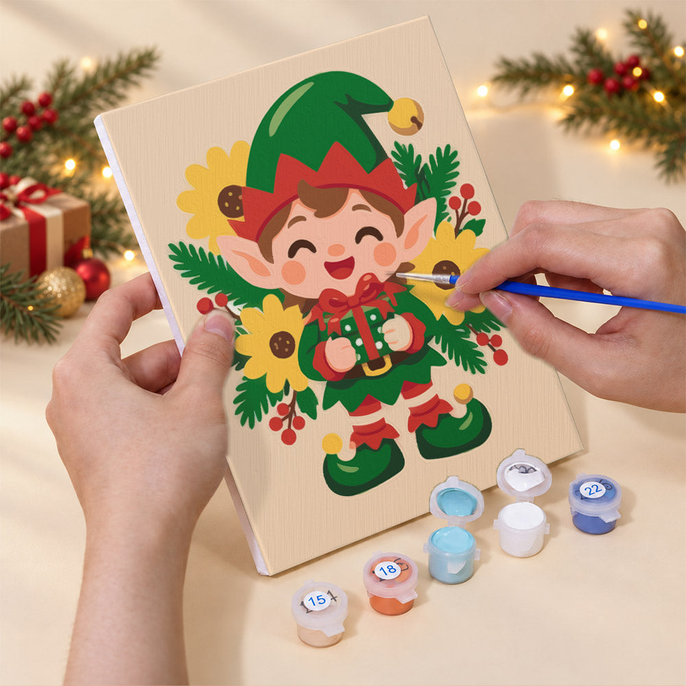 Poinsettia-Ringed Santa and Elf (Mini Paint by Numbers)