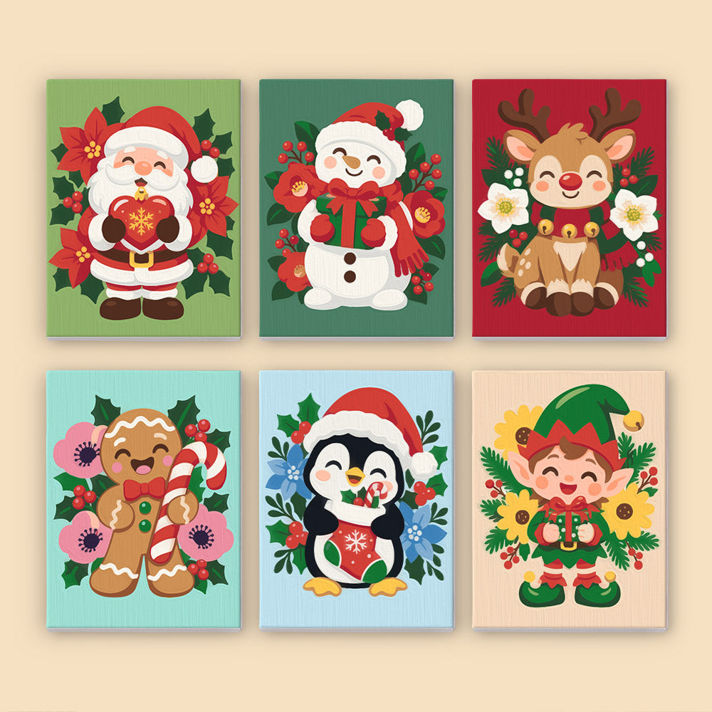 Poinsettia-Ringed Santa and Elf (Mini Paint by Numbers)
