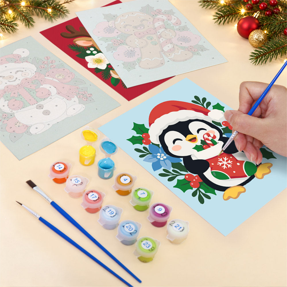 Poinsettia-Ringed Santa and Elf (Mini Paint by Numbers)