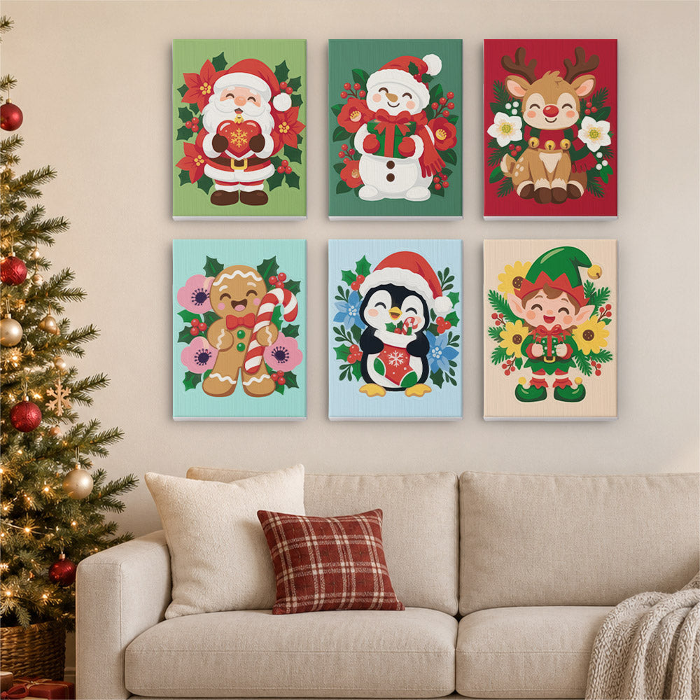 Poinsettia-Ringed Santa and Elf (Mini Paint by Numbers)