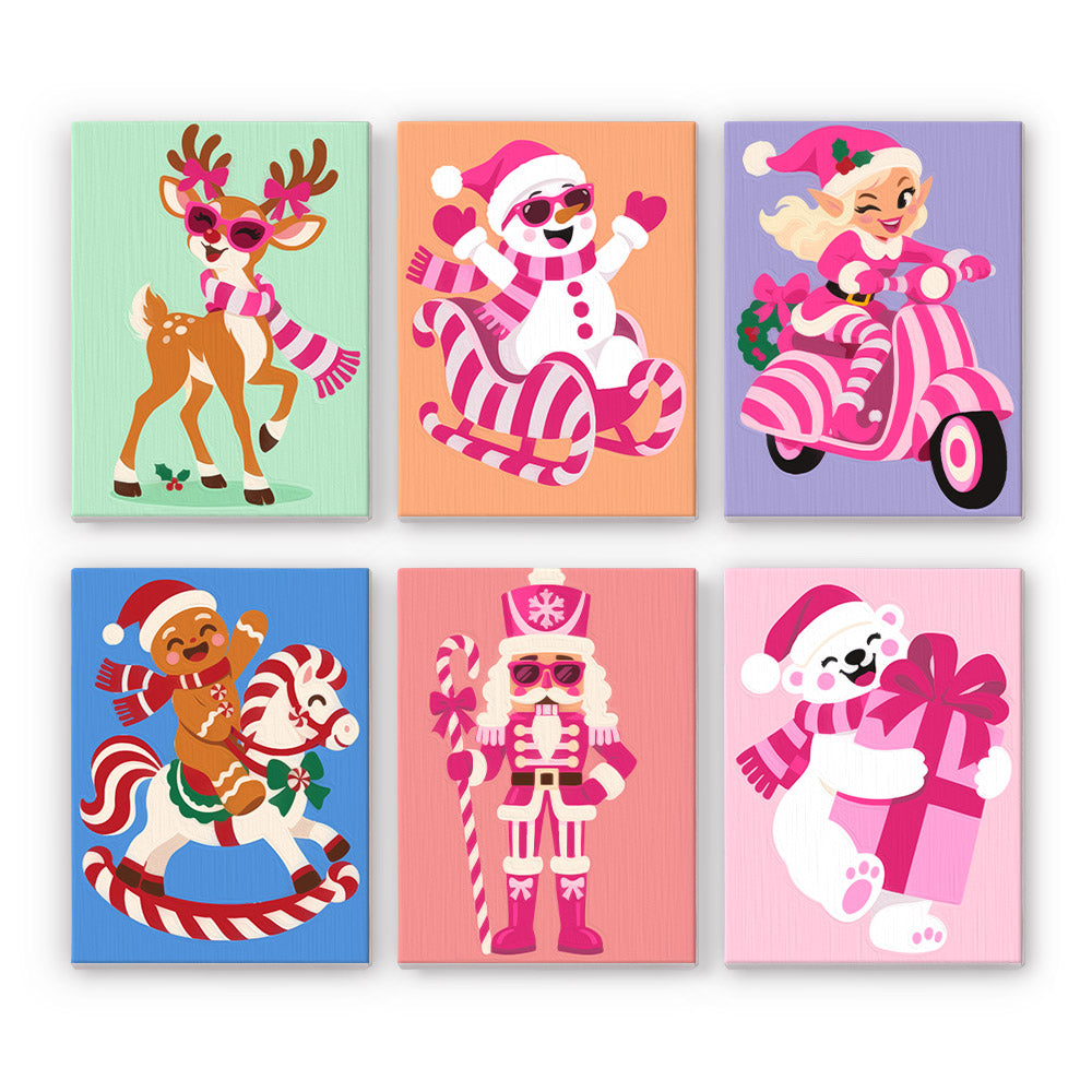 Hot Pink Candy Cane Christmas mini paint by numbers – Pink reindeer, snowman, girl on a scooter in sunglasses, gingerbread on rocking horse, nutcracker and polar bear