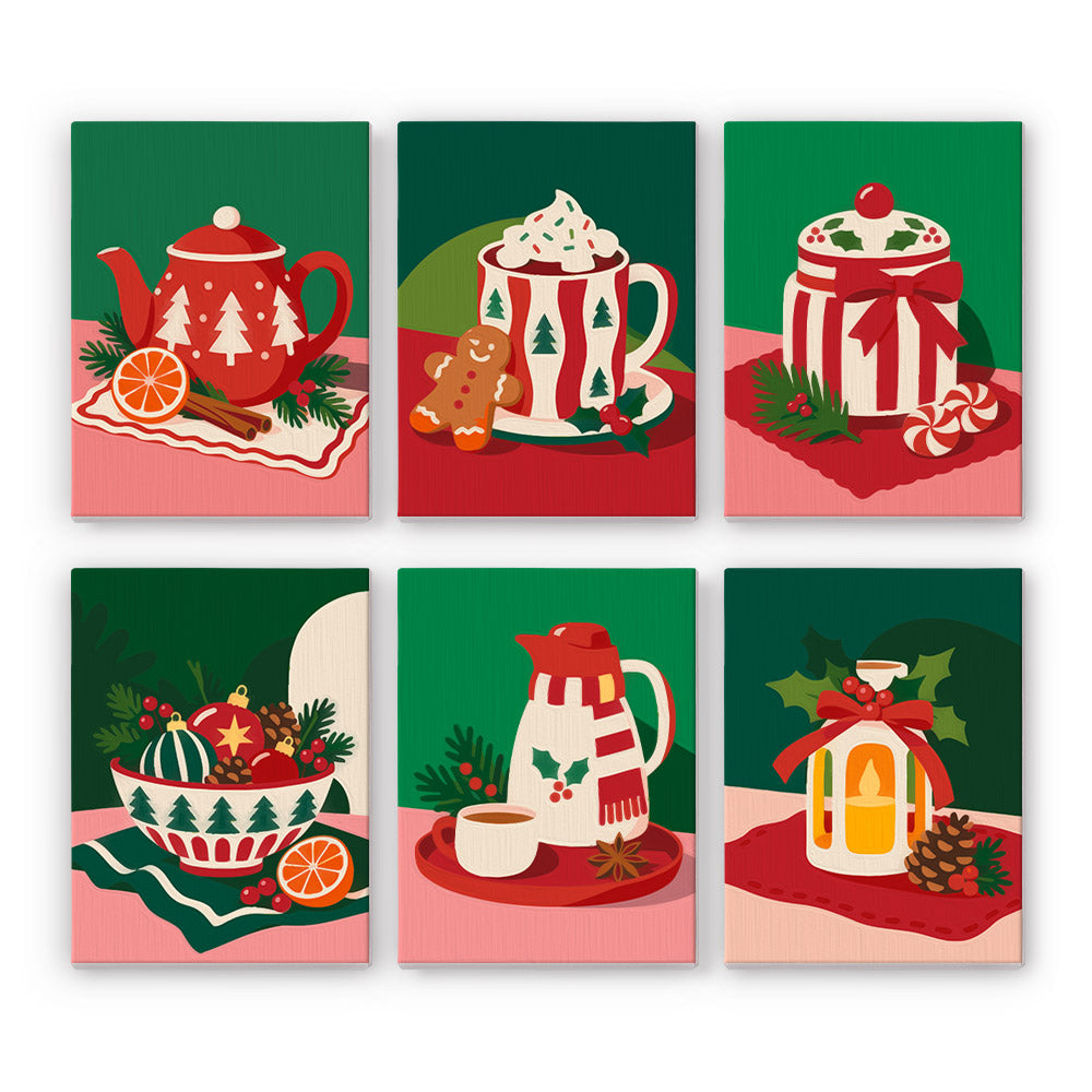 Red Teapot and Orange Slices mini paint by numbers – Red teapot with orange slices, cocoa mug, cookie jar, ornament bowl, pitcher and cup, lantern on red and green
