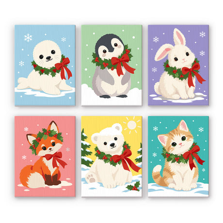 Wreath-Collared Baby Animals mini paint by numbers – Seal pup, penguin, bunny, fox, polar bear cub and kitten each wearing a holly wreath with a red bow