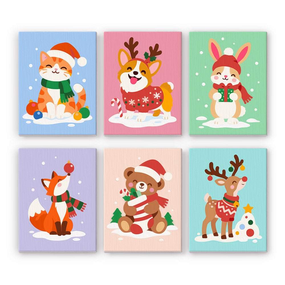 Antler Corgi and Pastel Pals mini paint by numbers – Kitten, corgi in antlers, bunny with gift, fox balancing an ornament, teddy bear and reindeer on pastel snow