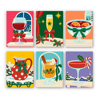 Bow-Tied Holiday Cocktails mini paint by numbers – Red wine, champagne flute, punch bowl with oranges, polka-dot pitcher, spiced cider and candy cane cocktail