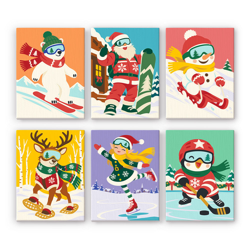 Winter Games with Santa's Crew mini paint by numbers – Skiing polar bear, snowboarding Santa, sledding snowman, snowshoeing reindeer, skater girl and hockey penguin