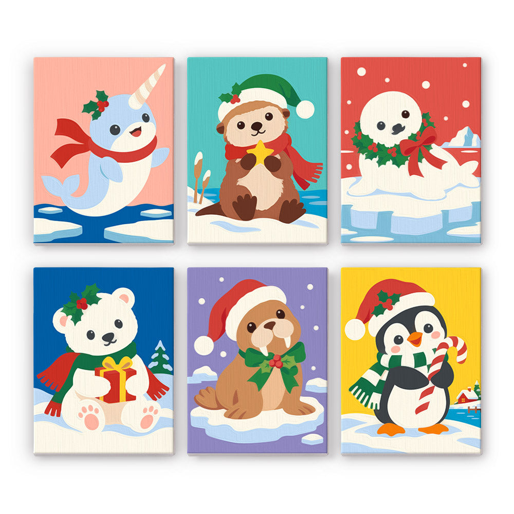 Narwhal and Arctic Pals mini paint by numbers – Narwhal, otter, seal pup, polar bear cub with gift, walrus pup and penguin in holiday hats on snowy ice