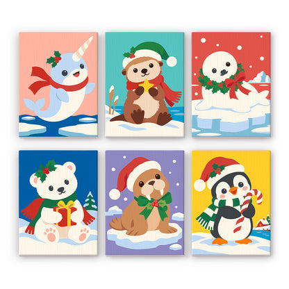 Narwhal and Arctic Pals mini paint by numbers – Narwhal, otter, seal pup, polar bear cub with gift, walrus pup and penguin in holiday hats on snowy ice