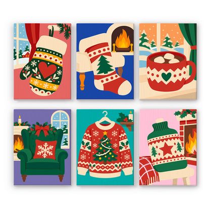 Fireside Knits and Cocoa mini paint by numbers – Fair Isle mitten, stocking by the fire, marshmallow cocoa, green armchair, tree sweater and knit cozy by the hearth