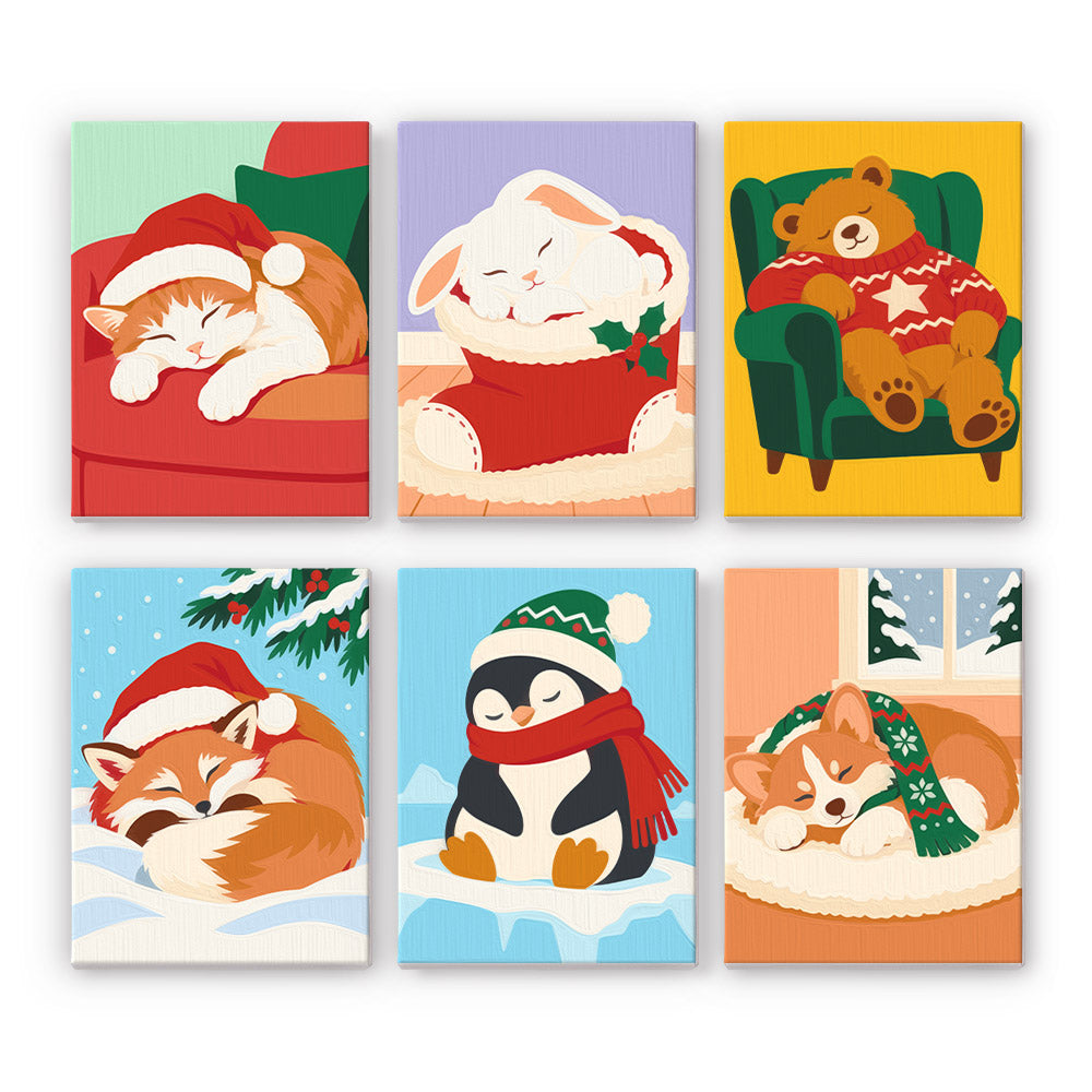 Dozing Pets in Santa Hats mini paint by numbers – Sleeping cat, bunny in a stocking, teddy bear in an armchair, sleeping fox, penguin and corgi napping on a cushion