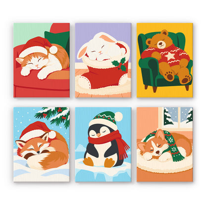 Dozing Pets in Santa Hats mini paint by numbers – Sleeping cat, bunny in a stocking, teddy bear in an armchair, sleeping fox, penguin and corgi napping on a cushion
