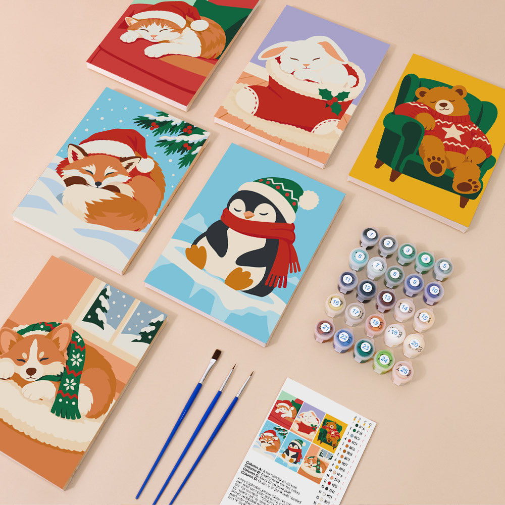 Dozing Pets in Santa Hats (Mini Paint by Numbers)