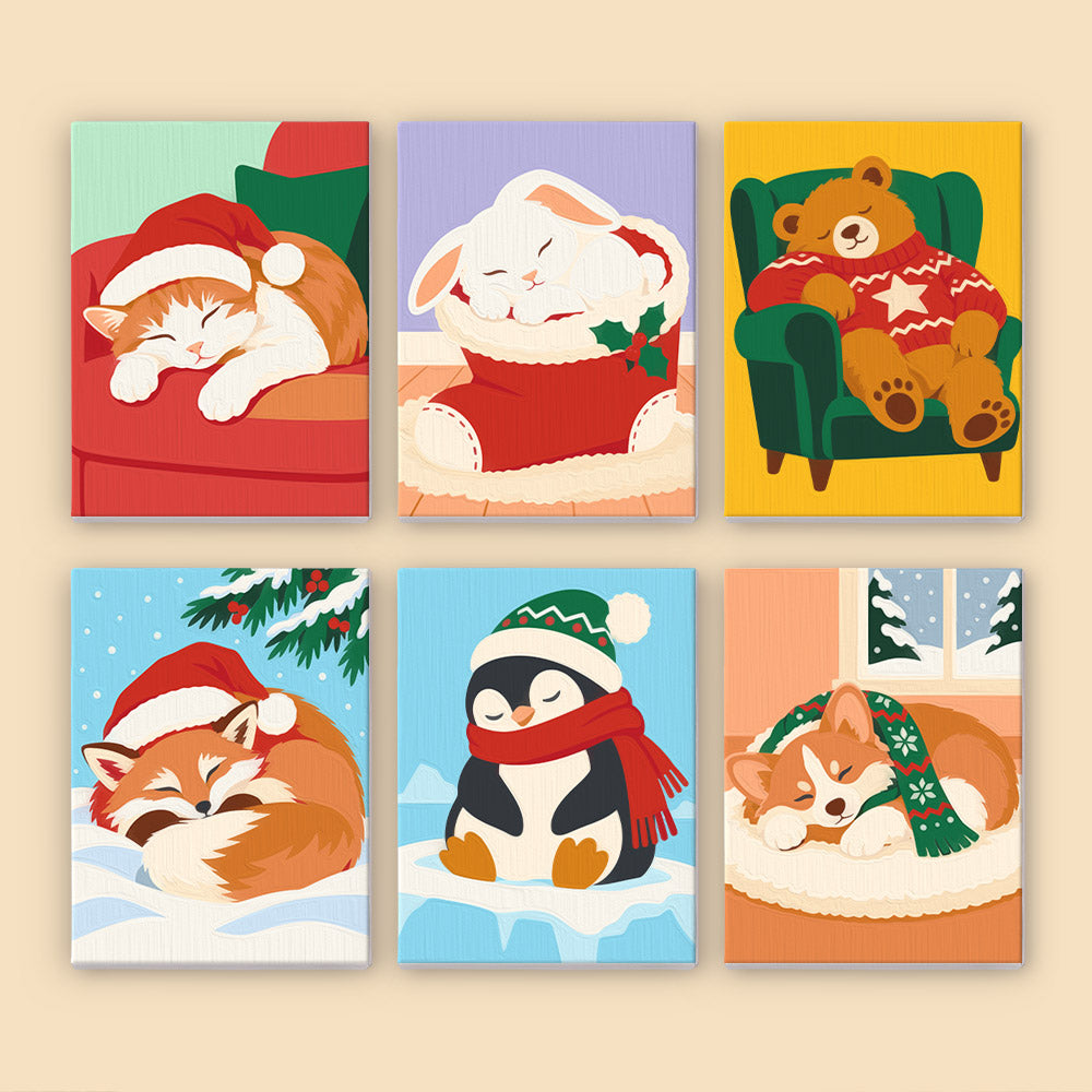 Dozing Pets in Santa Hats (Mini Paint by Numbers)