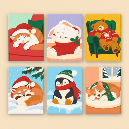 Dozing Pets in Santa Hats (Mini Paint by Numbers)