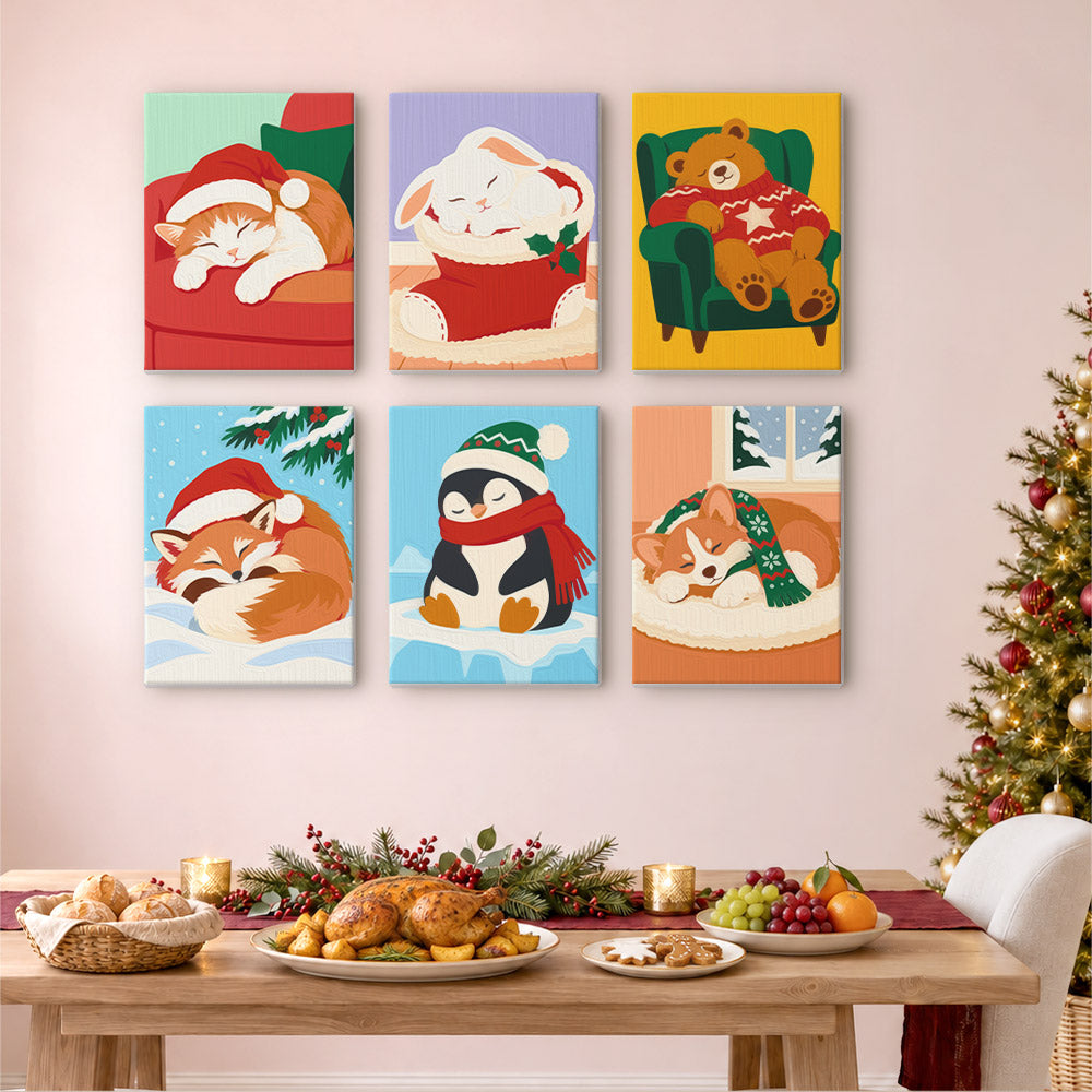 Dozing Pets in Santa Hats (Mini Paint by Numbers)