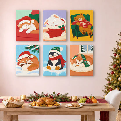Dozing Pets in Santa Hats (Mini Paint by Numbers)