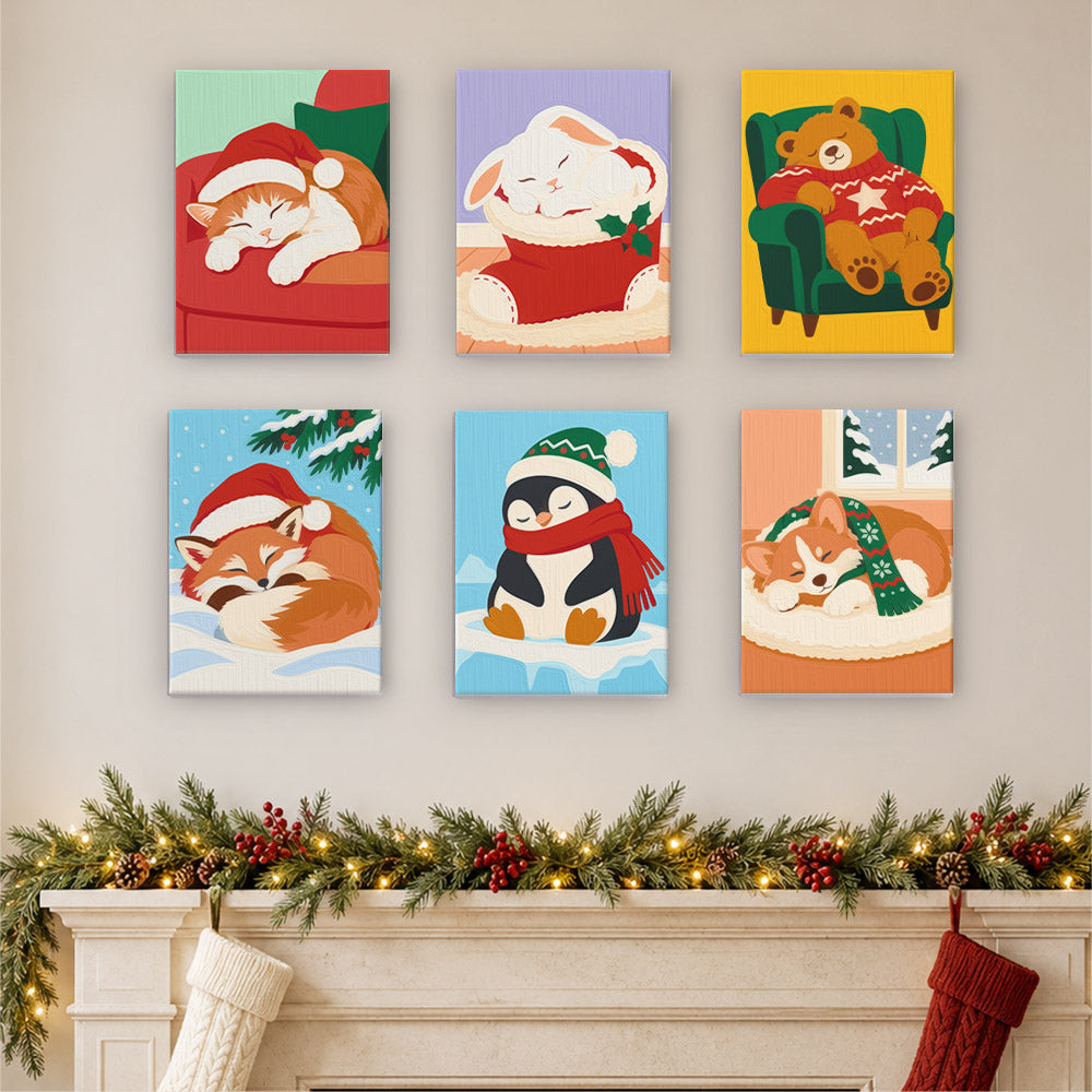 Dozing Pets in Santa Hats (Mini Paint by Numbers)