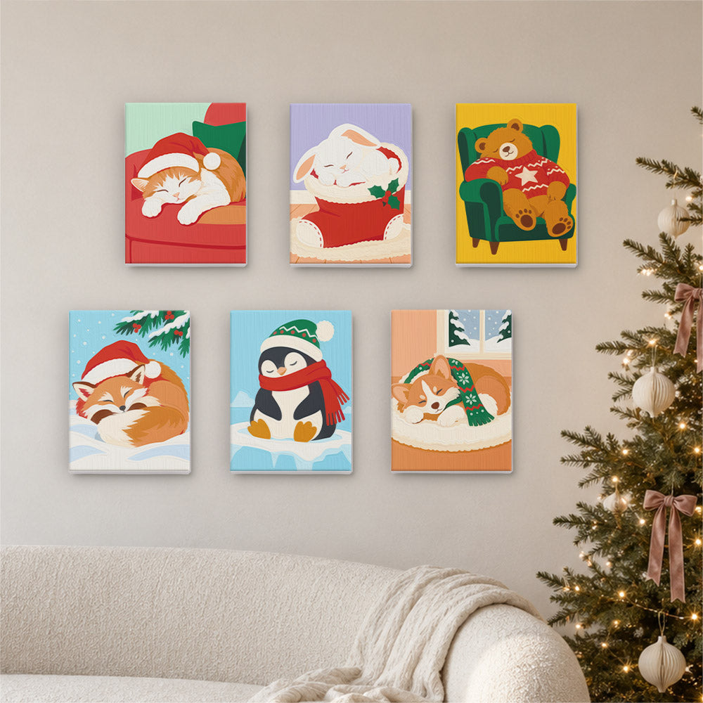 Dozing Pets in Santa Hats (Mini Paint by Numbers)