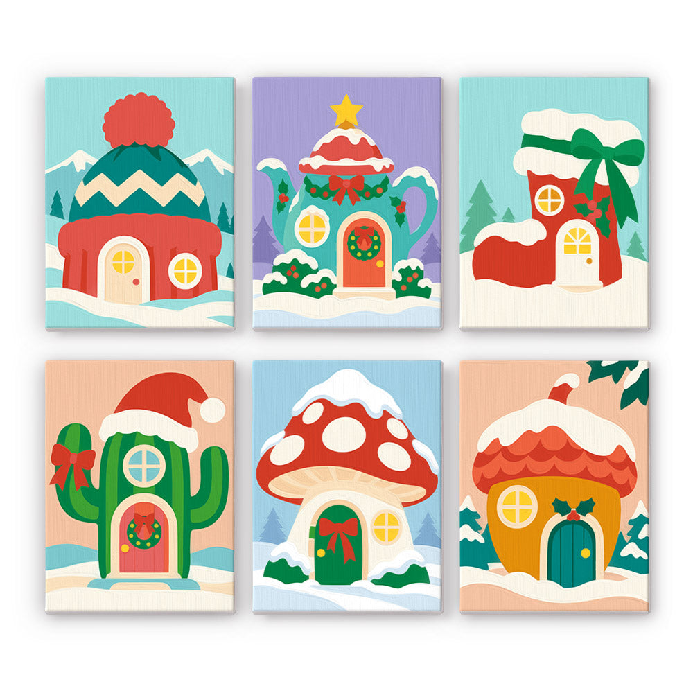 Beanie, Boot and Cactus Cottages mini paint by numbers – Snowy little houses shaped like a beanie, teapot, boot, cactus, mushroom and round cottage