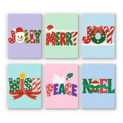 Candy-Striped Jolly Lettering mini paint by numbers – Jolly, Merry, Joy, Wish, Peace and Noel in candy-striped patterned letters with snowman, wreath and dove