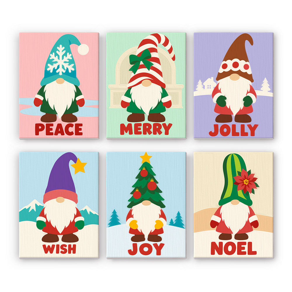 Gnomes in Snowflake and Tree Hats mini paint by numbers – Gnomes in snowflake, striped, tree and poinsettia hats over Peace, Merry, Jolly, Wish, Joy and Noel