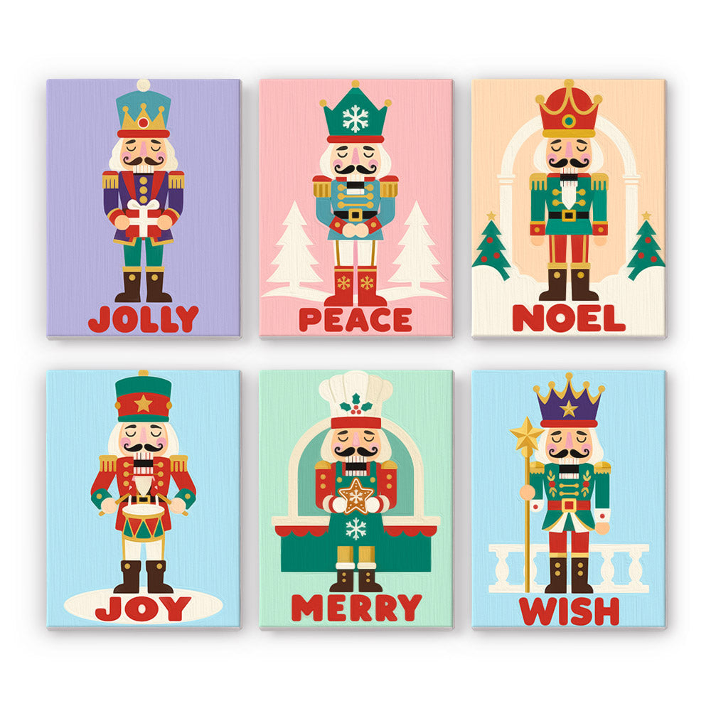 Nutcracker Guard Greetings mini paint by numbers – Nutcrackers in colorful uniforms over Jolly, Peace, Noel, Joy, Merry and Wish on pastel backgrounds