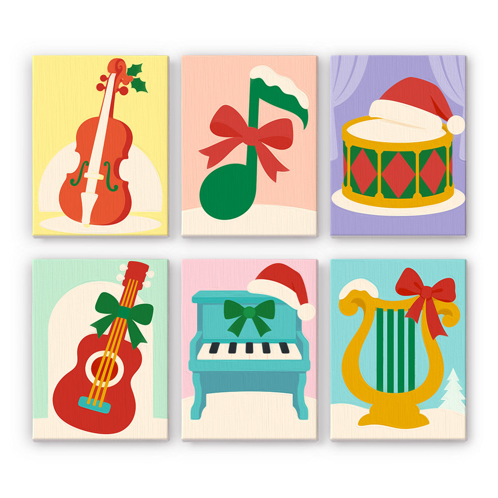 Bow-Tied Christmas Orchestra mini paint by numbers – Violin, music note, drum, guitar, toy piano and harp trimmed with holly, bows and Santa hats