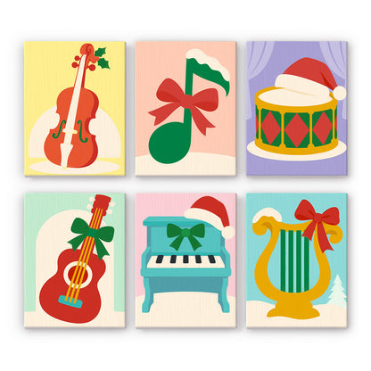 Bow-Tied Christmas Orchestra mini paint by numbers – Violin, music note, drum, guitar, toy piano and harp trimmed with holly, bows and Santa hats