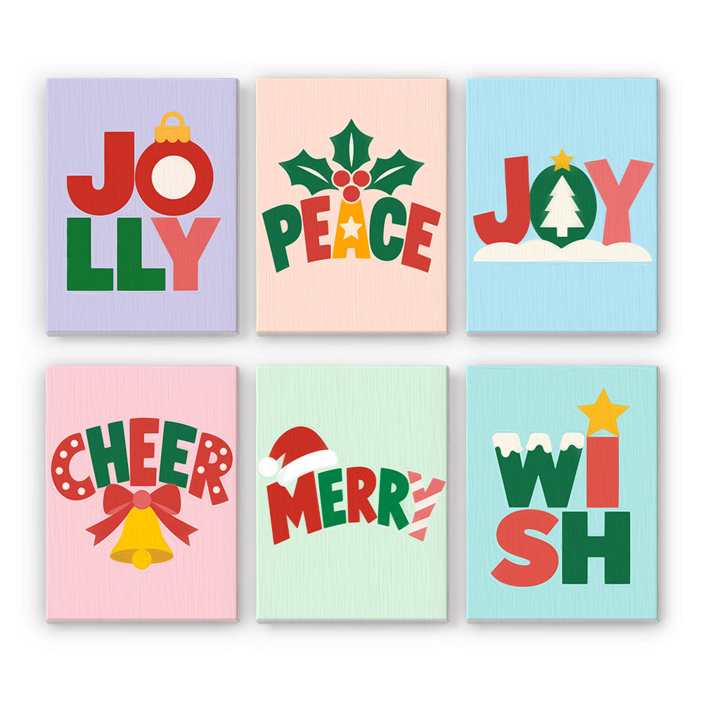 Block-Letter Jolly and Joy mini paint by numbers – Bold lettered Jolly, Peace, Joy, Cheer, Merry and Wish with ornament, holly, tree, bell and star accents