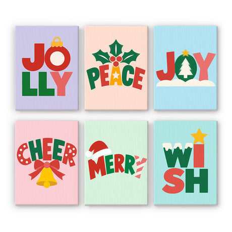 Block-Letter Jolly and Joy mini paint by numbers – Bold lettered Jolly, Peace, Joy, Cheer, Merry and Wish with ornament, holly, tree, bell and star accents